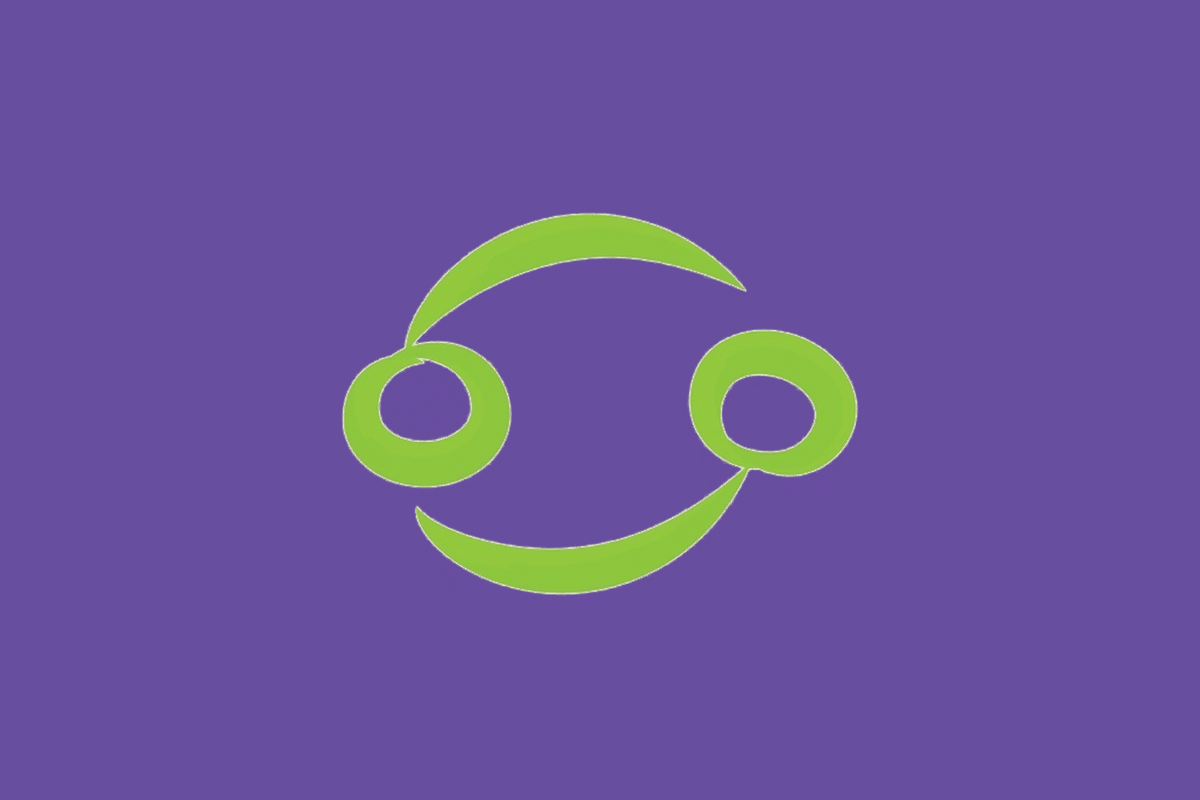 O símbolo astrológico do signo de Câncer em verde-claro sobre um fundo roxo