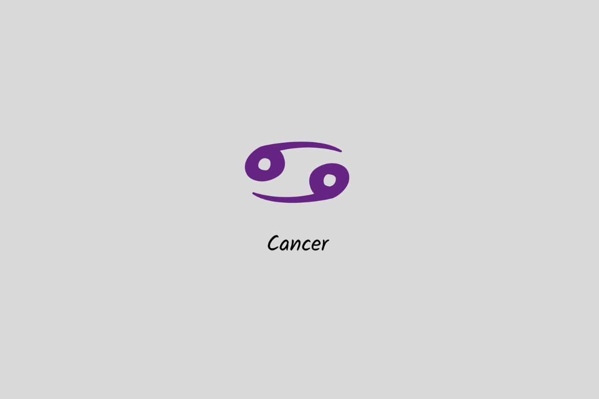 Ilustração do signo de Câncer em roxo, com o nome abaixo, centralizada sobre um fundo cinza-claro