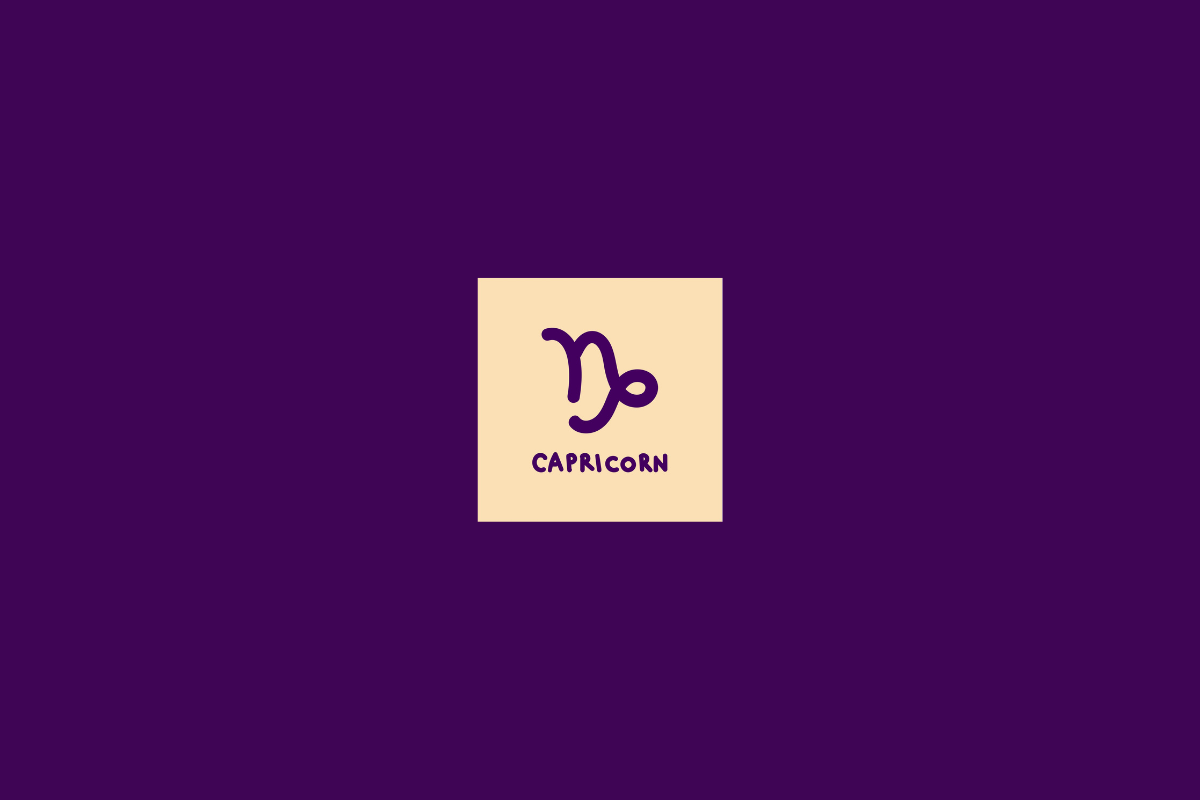 Ilustração do signo de capricórnio dentro de um quadrado bege-claro e centralizado em fundo roxo-escuro
