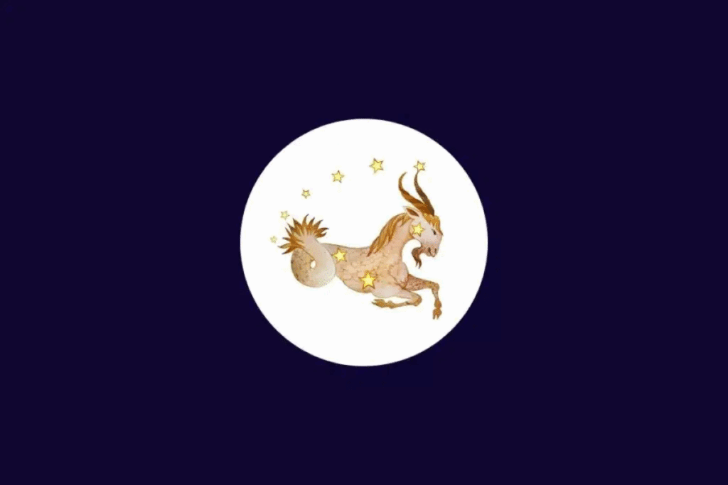 Ilustração do signo de Capricórnio, representado por uma criatura mitológica com cabeça e patas dianteiras de cabra, chifres longos e cauda de peixe. A figura aparece cercada por estrelas douradas, dentro de um círculo branco sobre um fundo roxo-escuro.