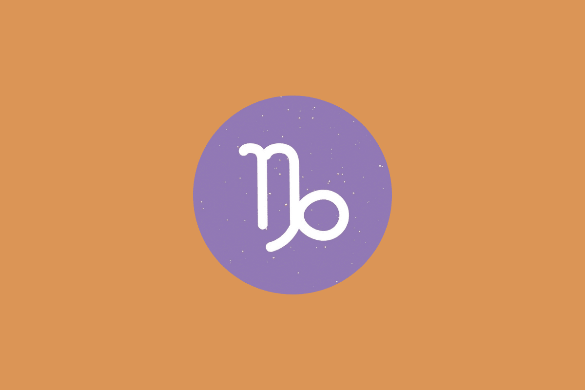 Símbolo do signo de Capricórnio em branco dentro de um círculo roxo sobre fundo alaranjado