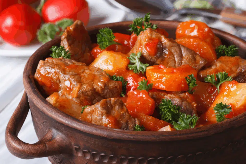 A imagem mostra uma carne de panela com legumes, servida em uma panela rústica de madeira. O prato é composto por pedaços grandes de carne bovina cozida, envolvidos em um molho avermelhado e acompanhados de batatas, cenouras e tomates. Ramos de salsa fresca aparecem distribuídos sobre o preparo, acrescentando um toque verde à apresentação. Ao fundo, tomates e outros ingredientes desfocados ajudam a criar uma atmosfera caseira e destacam o aspecto suculento da carne.