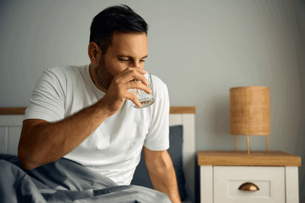 Um homem com camisa branca sentado na cama, logo ao acordar, bebendo um copo de água