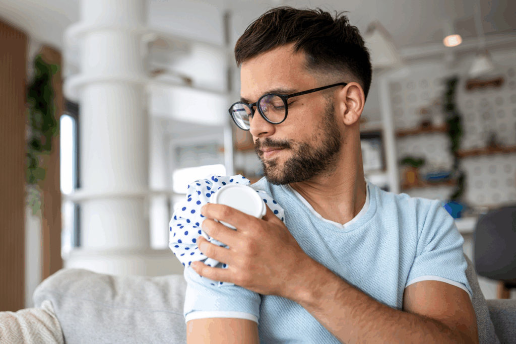 Um jovem de óculos, barba e camiseta azul-clara está sentado em um sofá em casa, aplicando uma bolsa térmica de poá branco e azul sobre o ombro direito