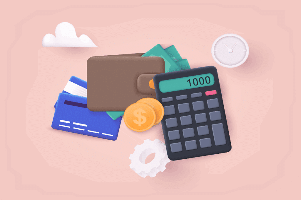 Ilustração em estilo 3D sobre organização financeira, com fundo rosa-claro. Ao centro, há uma carteira marrom parcialmente aberta, acompanhada de cartões azuis e verdes. Na frente, aparecem duas moedas douradas com símbolo de cifrão e uma calculadora preta com visor verde mostrando o número “1000”. No canto superior direito, há um relógio branco, e na parte inferior, uma engrenagem branca. Ao fundo, também há uma pequena nuvem branca.