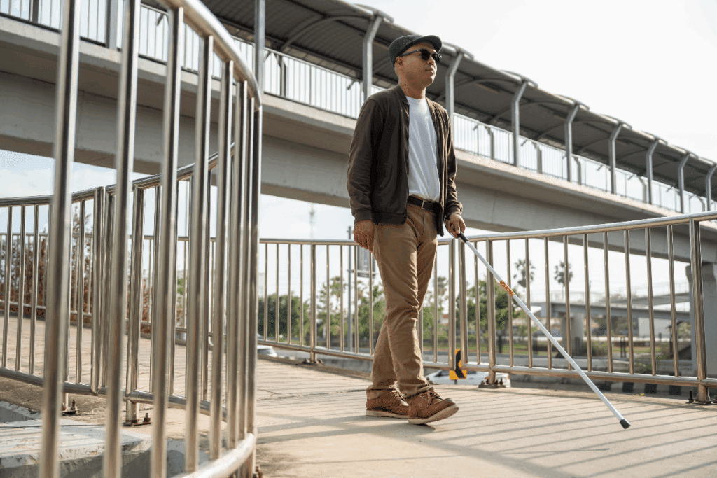 Um homem com óculos escuros e boné caminha por uma passarela ao ar livre utilizando uma bengala branca para orientação. Ele veste camiseta branca, casaco escuro, calça bege e sapatos marrons. O local possui piso de concreto, grades metálicas e uma estrutura elevada ao fundo.