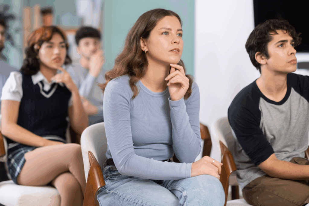 Um grupo de jovens adultos está sentado em cadeiras em uma sala clara, prestando atenção em algo à frente. Em destaque no centro, uma jovem de blusa azul-clara apoia o queixo na mão com um olhar pensativo