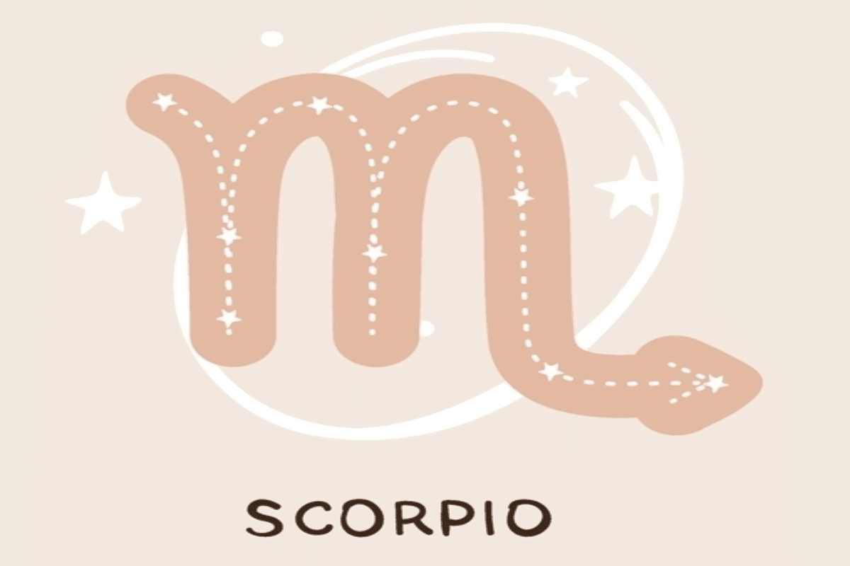 Ilustração do símbolo de Escorpião em tom bege, decorado internamente com linhas pontilhadas e pequenas estrelas brancas. Um círculo irregular e outros elementos celestes aparecem ao redor sobre fundo claro.