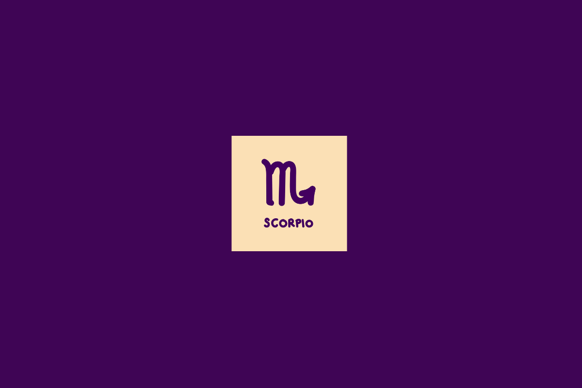 Ilustração do signo de escorpião dentro de um quadrado bege-claro e centralizado em fundo roxo-escuro