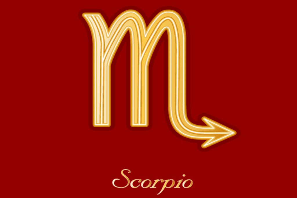 Ilustração do símbolo astrológico do signo de Escorpião em dourado, com contornos brilhantes e uma seta apontada para a direita, sobre um fundo vermelho-escuro. Na parte inferior, aparece a palavra “Scorpio”, escrita em letras douradas e cursivas.