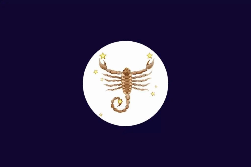 Ilustração do signo de Escorpião, representado por um escorpião marrom com pinças abertas, oito patas e cauda curvada para a frente. Pequenas estrelas douradas aparecem ao redor do animal, dentro de um círculo branco sobre um fundo roxo-escuro.