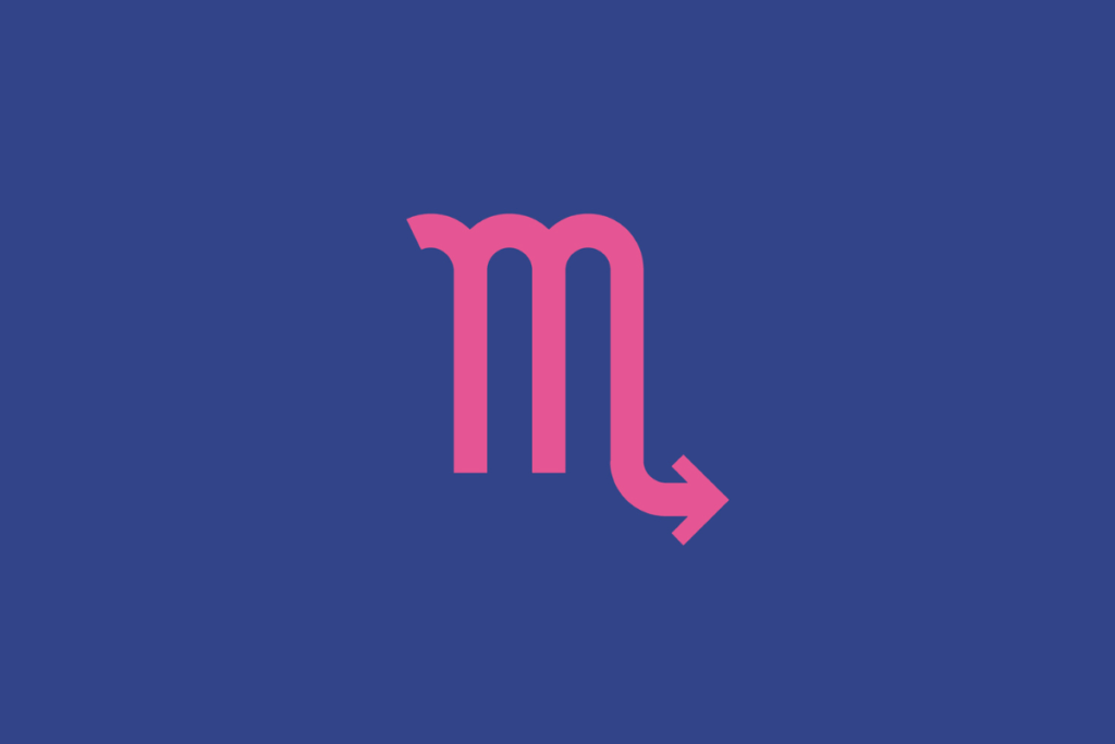 O símbolo astrológico do signo de Escorpião em rosa sobre um fundo azul-escuro