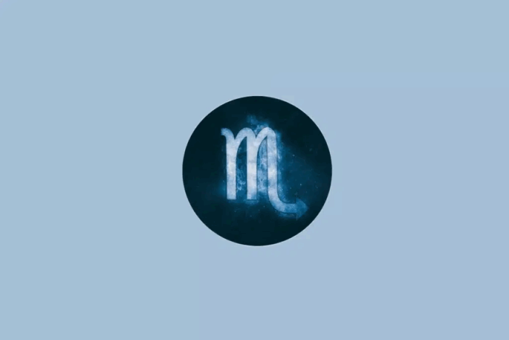 Ilustração do símbolo do signo de Escorpião em azul-claro, semelhante à letra M com uma cauda terminada em seta, com efeito luminoso, dentro de um círculo azul-escuro sobre um fundo azul-claro.