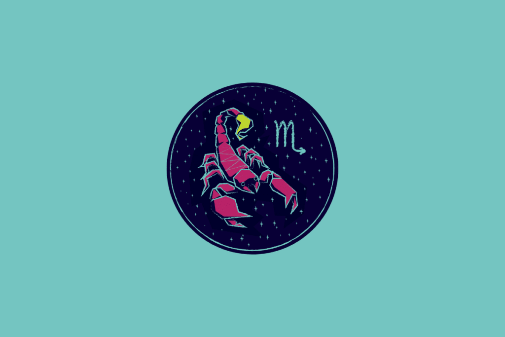 Ilustração num círculo azul-escuro estrelado sobre fundo azul-turquesa, representando Escorpião através de um escorpião rosa com cauda amarela e o respetivo símbolo astrológico