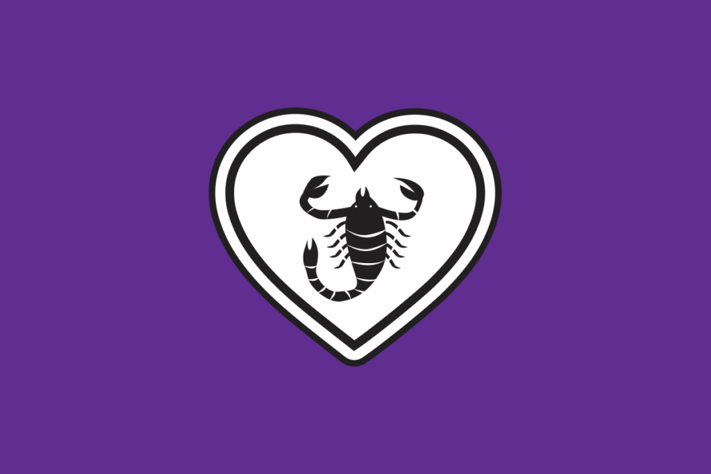 Ilustração do signo de Escorpião: silhueta preta de um escorpião visto de cima, com as pinças erguidas e a cauda curvada, dentro de um coração branco com contorno preto, sobre fundo roxo.