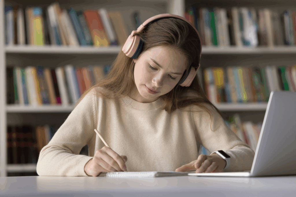 Fotografia de uma jovem de cabelos longos castanhos, com fones de ouvido rosa e suéter bege, escrevendo concentrada em um caderno ao lado de um notebook. Ao fundo, há uma estante cheia de livros coloridos.