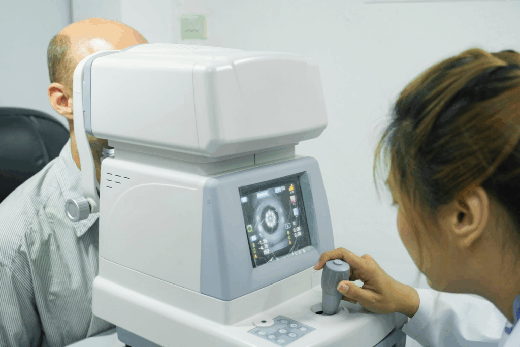 Profissional de saúde opera um autorrefrator, aparelho que mede o grau dos olhos, enquanto um homem apoia o rosto no equipamento durante o exame de vista. A tela mostra a imagem do olho do paciente.