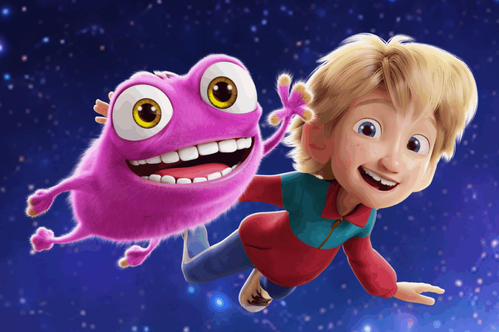 Ilustração digital em animação 3D de um menino loiro e uma criatura fantástica de pelagem rosa flutuando sobre um fundo azul-escuro com pontos luminosos que lembram estrelas. O menino aparece à direita, com cabelos loiros volumosos e franja lateral, olhos grandes e azuis, sardas no rosto e um sorriso aberto. Ele veste uma blusa de mangas compridas vermelha, com gola azul-petróleo, além de calça azul e calçados claros. Seu corpo está inclinado para a frente, com um dos braços estendido para o lado e o outro voltado para baixo. À esquerda, a criatura rosa apresenta corpo coberto por pelos macios, braços e pernas curtos, olhos amarelos enormes com pupilas pretas e uma boca larga aberta, que revela dentes brancos e língua avermelhada. Ela sorri enquanto estende um dos braços em direção ao menino. Os dois parecem voar juntos em um cenário fantástico.
