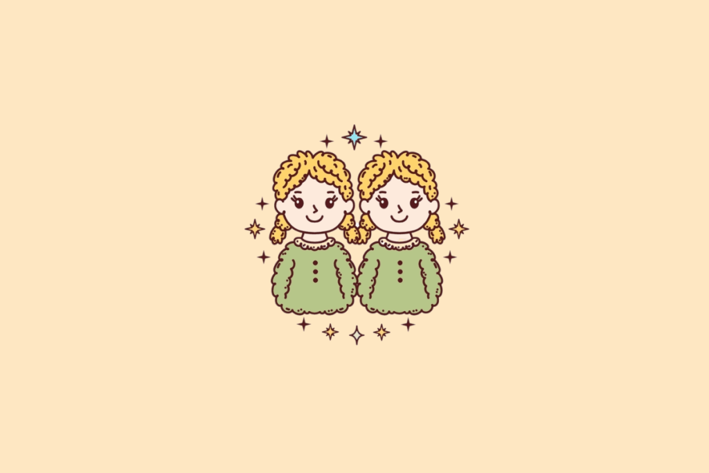 Ilustração de duas meninas gêmeas de cabelos loiros cacheados e presos em chiquinhas, usando vestidos verdes com golas brancas e botões marrons. Elas aparecem lado a lado, sorrindo, cercadas por estrelas decorativas sobre fundo bege-claro.