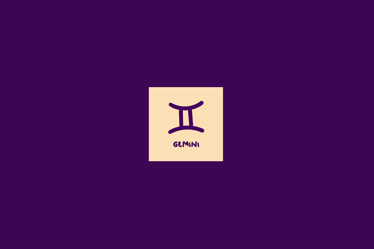 Ilustração do signo de gêmeos dentro de um quadrado bege-claro e centralizado em fundo roxo-escuro