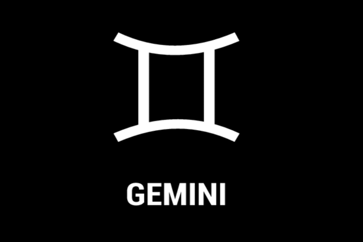 Imagem com fundo preto, apresentando o símbolo astrológico do signo de Gêmeos em branco, formado por duas linhas verticais paralelas, conectadas por linhas curvas nas partes superior e inferior. Abaixo, aparece a palavra “GEMINI”, em letras maiúsculas e brancas.