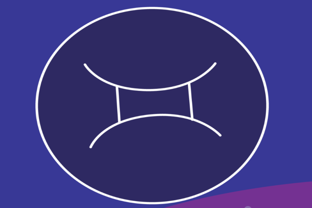 Ilustração do símbolo de Áries em linhas brancas, centralizado dentro de um grande círculo azul-escuro. O fundo combina formas abstratas em azul, roxo e preto, com pequenos pontos lilás.