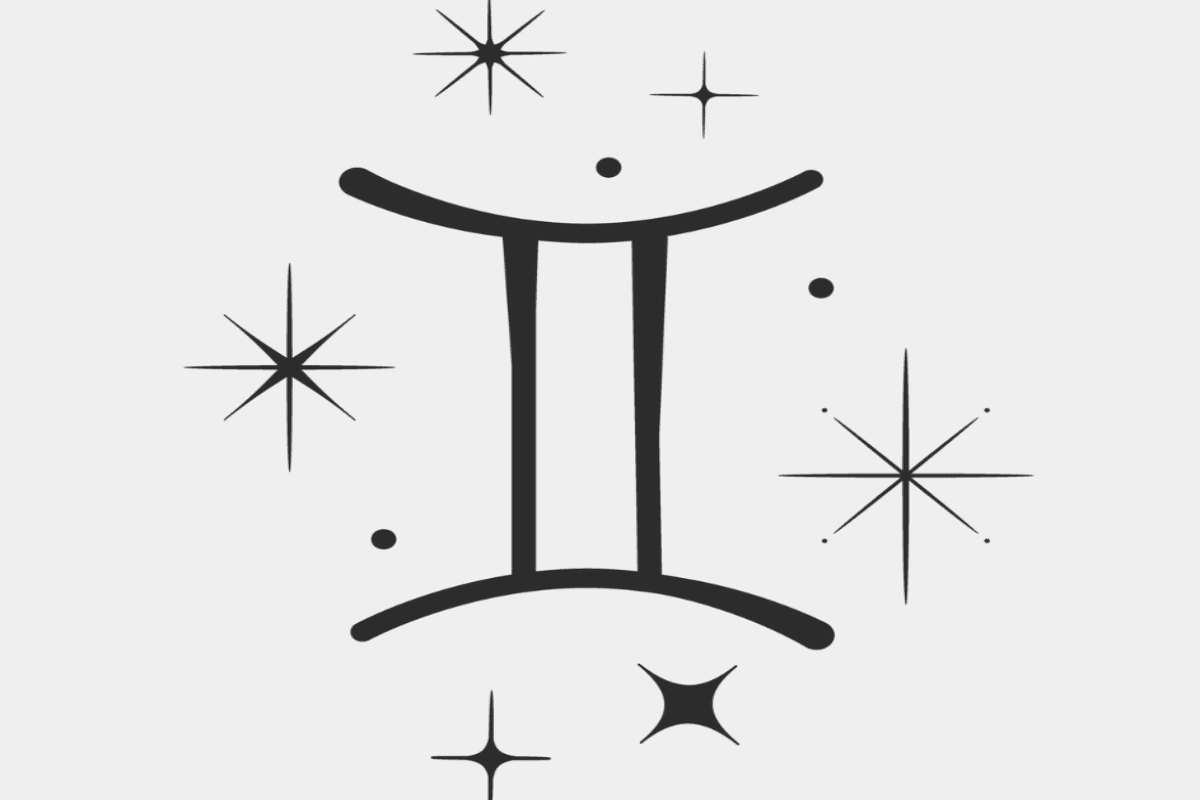 Imagem com fundo cinza-claro, apresentando o símbolo astrológico do signo de Gêmeos em preto, formado por duas linhas verticais paralelas, conectadas por linhas curvas nas partes superior e inferior. Ao redor, aparecem estrelas estilizadas e pequenos pontos pretos.