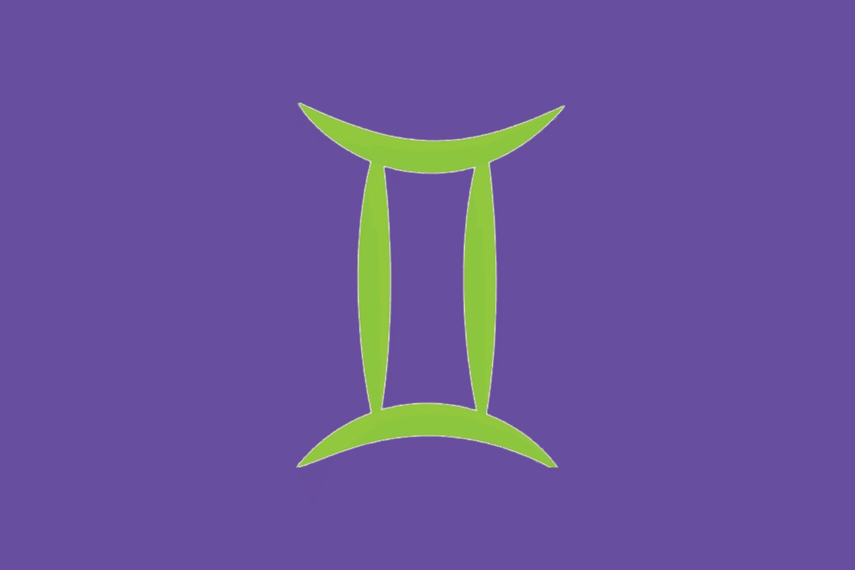 O símbolo astrológico do signo de Gêmeos em verde-claro sobre um fundo roxo