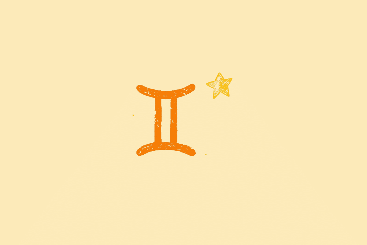 Ilustração do símbolo do signo de Gêmeos, formado por duas linhas verticais unidas por curvas horizontais, na cor laranja, sobre fundo bege-claro.