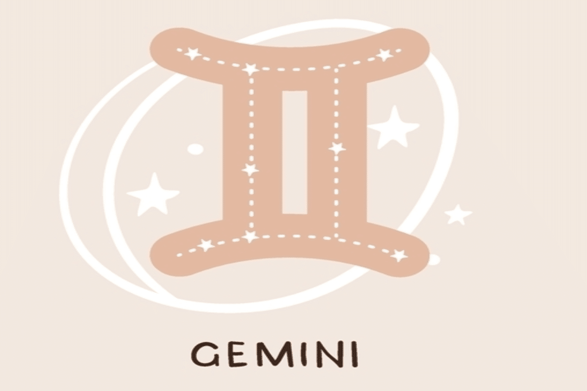 Ilustração do símbolo de Gêmeos em tom bege, preenchido por linhas pontilhadas e pequenas estrelas brancas. O símbolo é envolvido por traços circulares e outros elementos celestes sobre fundo claro.