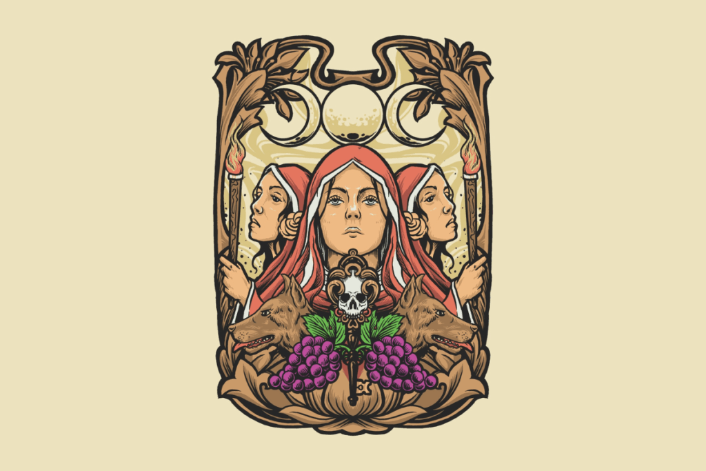 Ilustração simétrica em estilo vintage, com contornos pretos marcantes e fundo bege-claro. No centro, uma mulher de pele clara, expressão séria e olhos delineados usa um capuz vermelho com detalhes brancos. Atrás dela, aparecem outras duas mulheres de perfil, também com capuzes vermelhos, segurando tochas acesas nas laterais. Na parte inferior, dois lobos marrons estão posicionados de frente um para o outro, ao lado de cachos de uvas roxas e folhas verdes. Entre eles, há uma caveira branca ornamentada e uma chave dourada na vertical. A composição é emoldurada por arabescos, folhas e detalhes decorativos em tons de marrom, dourado, vermelho, verde e preto.