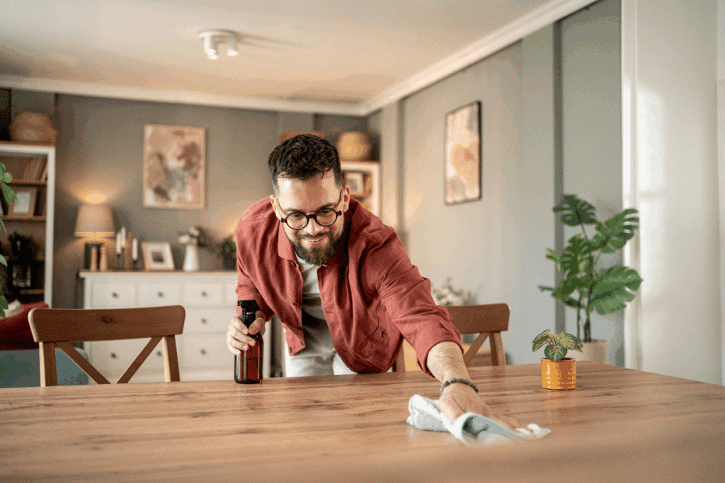 Fotografia de um homem de barba, cabelos curtos e óculos limpando uma mesa de madeira com um pano verde-claro. Ele veste uma camisa marrom-avermelhada e segura um borrifador de produto de limpeza. Ao fundo, aparece uma sala de jantar aconchegante, com cadeiras de madeira, móveis claros, quadros decorativos e plantas.