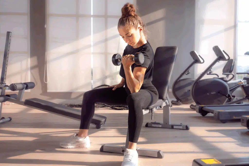 Mulher com roupa preta sentada na academia levantando peso no braço