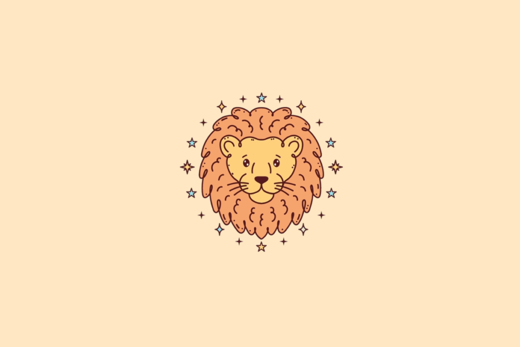 Ilustração de um leão com juba volumosa cor de laranja, rosto amarelo, olhos expressivos e bigodes finos. O animal tem uma expressão amigável e está rodeado por estrelas azuis, amarelas e marrons sobre fundo bege-claro.