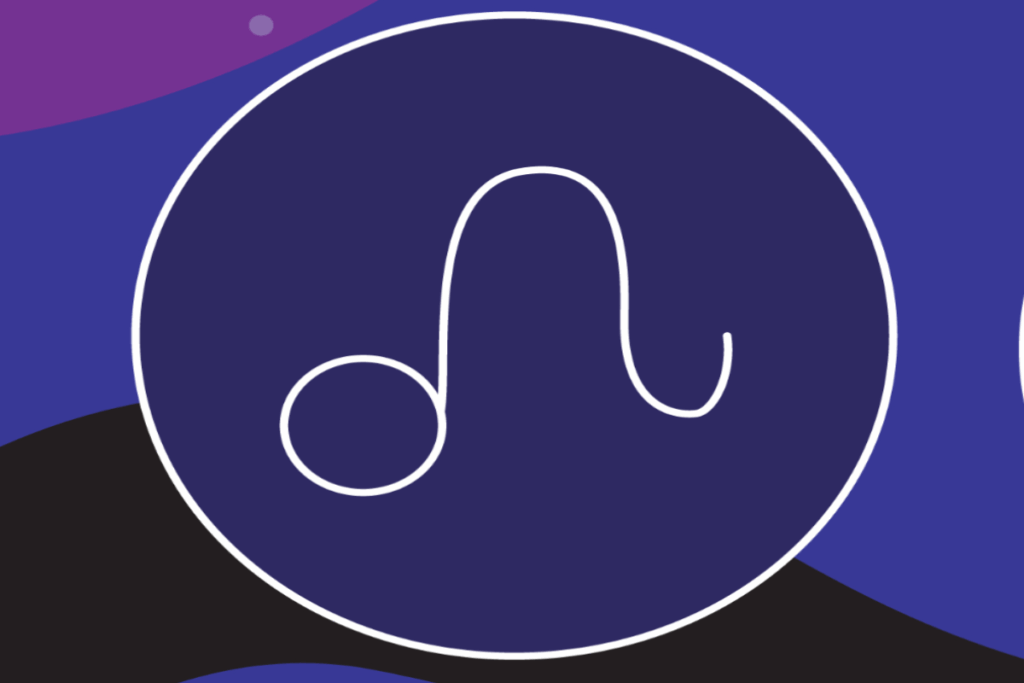 Ilustração do símbolo de Áries em linhas brancas, centralizado dentro de um grande círculo azul-escuro. O fundo combina formas abstratas em azul, roxo e preto, com pequenos pontos lilás.