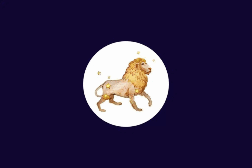 Ilustração do signo de Leão, representado por um leão de corpo bege e juba dourada volumosa, caminhando com uma das patas dianteiras levantada. Pequenas estrelas decoram o círculo branco, centralizado sobre um fundo roxo-escuro.