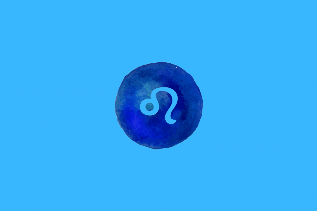 Símbolo do signo de Leão em azul sobre um círculo azul com textura aquarelada, em um fundo azul-claro.