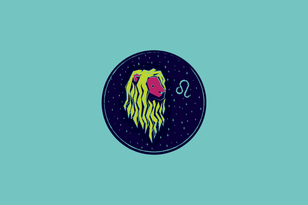 Ilustração num círculo azul-escuro estrelado sobre fundo azul-turquesa, representando Leão através da cabeça de um leão rosa com juba amarela e o respetivo símbolo astrológico