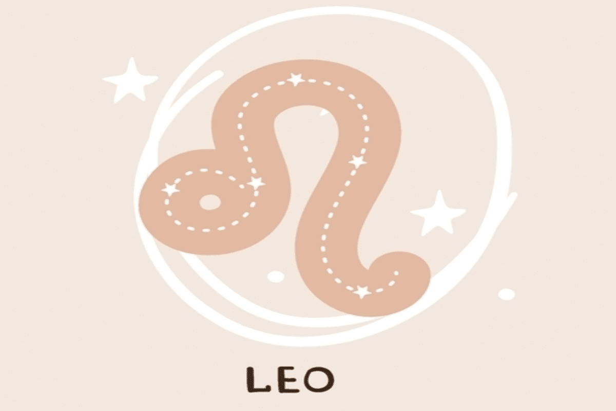 Ilustração do símbolo de Leão em tom bege, com uma linha pontilhada e pequenas estrelas brancas em seu interior. O desenho é cercado por um círculo irregular, estrelas e pontos brancos sobre fundo claro.