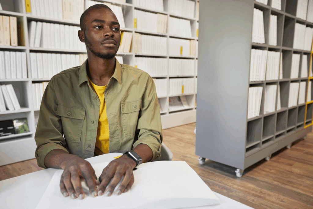 Jovem negro de camisa verde-oliva e camiseta amarela, sentado em uma biblioteca, lê com as duas mãos um livro em braille aberto sobre a mesa. Ele olha para o lado e, ao fundo, há estantes cheias de livros brancos.