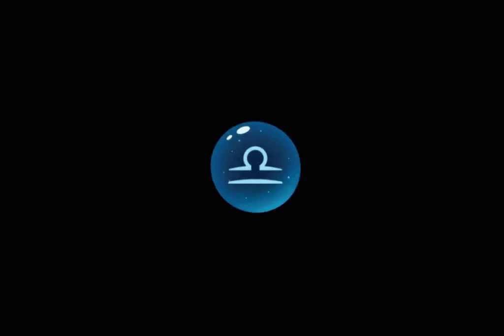 Imagem com fundo preto, apresentando uma esfera azul brilhante no centro, com o símbolo astrológico do signo de Libra em azul-claro, formado por um arco sobre uma linha horizontal e outra linha logo abaixo. A esfera possui efeito tridimensional, pequenos pontos luminosos e reflexos brancos na parte superior.