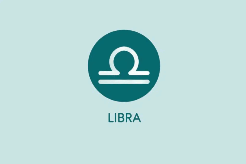 Imagem com fundo verde-água-claro, apresentando um círculo verde-escuro no centro. Dentro dele, aparece o símbolo astrológico do signo de Libra em branco, formado por um arco sobre uma linha horizontal e outra linha reta logo abaixo. Abaixo do círculo, está escrita a palavra “LIBRA”.