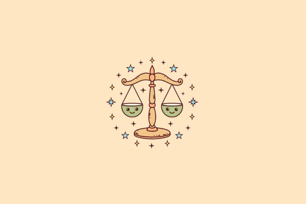 Ilustração de uma balança dourada com dois pratos verdes equilibrados, cada um com um rostinho sorridente. O desenho é contornado por pequenas estrelas azuis, amarelas e marrons sobre fundo bege-claro.