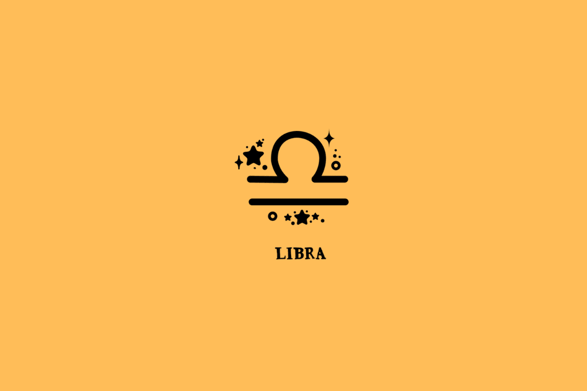 Símbolo do signo de Libra, formado por um arco preto semelhante a uma meia-lua voltada para cima, apoiado sobre uma linha horizontal. Abaixo dessa linha, há outra linha horizontal mais comprida. Estrelas, pequenos círculos e pontos decorativos aparecem ao redor do símbolo. Abaixo, está escrito “LIBRA” em letras maiúsculas pretas, com serifa. O fundo é laranja uniforme.