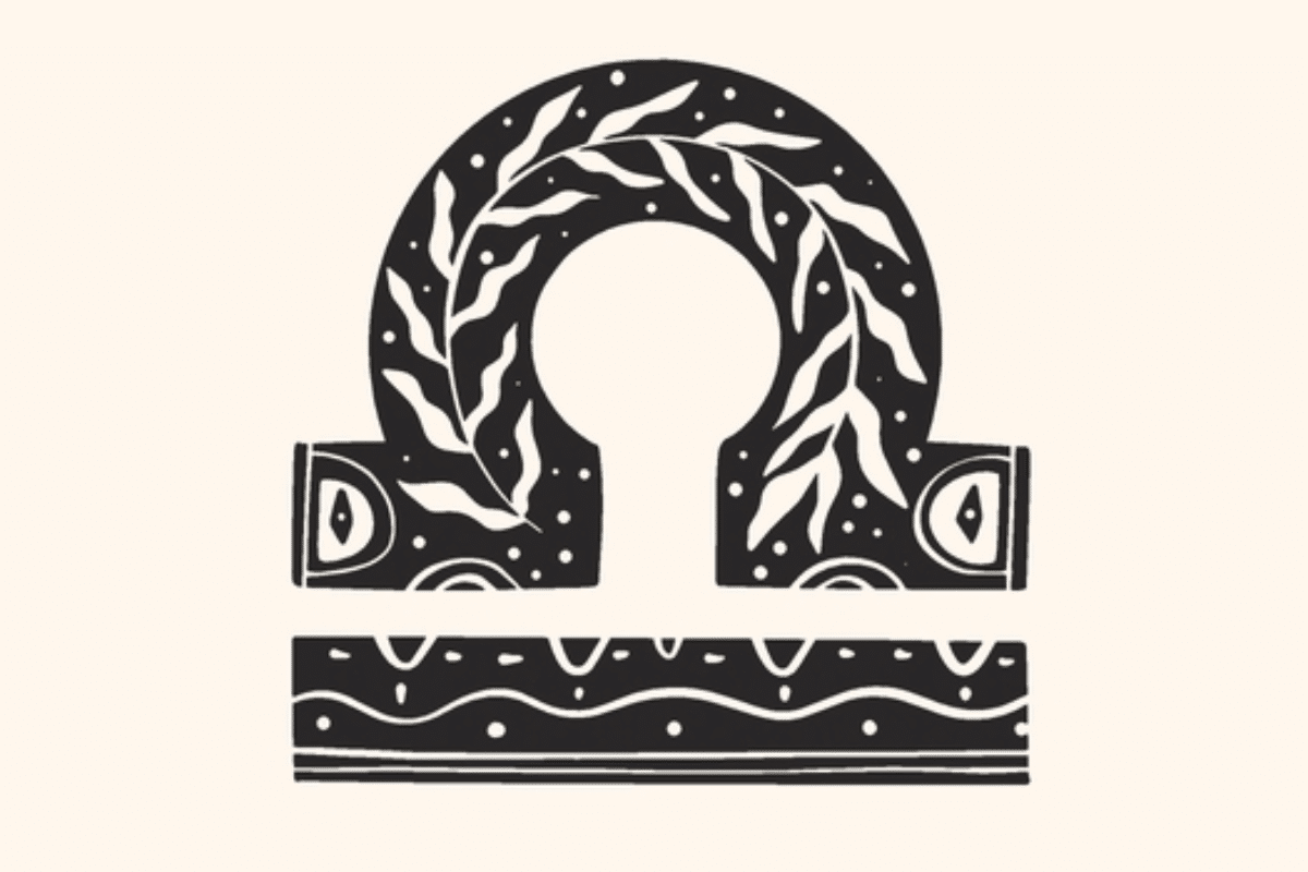 A imagem apresenta o símbolo do signo de libra em preto, centralizado sobre um fundo claro. O ícone é decorado com folhagens, pequenos pontos, formas solares e detalhes celestes, criando uma estética mística e delicada.