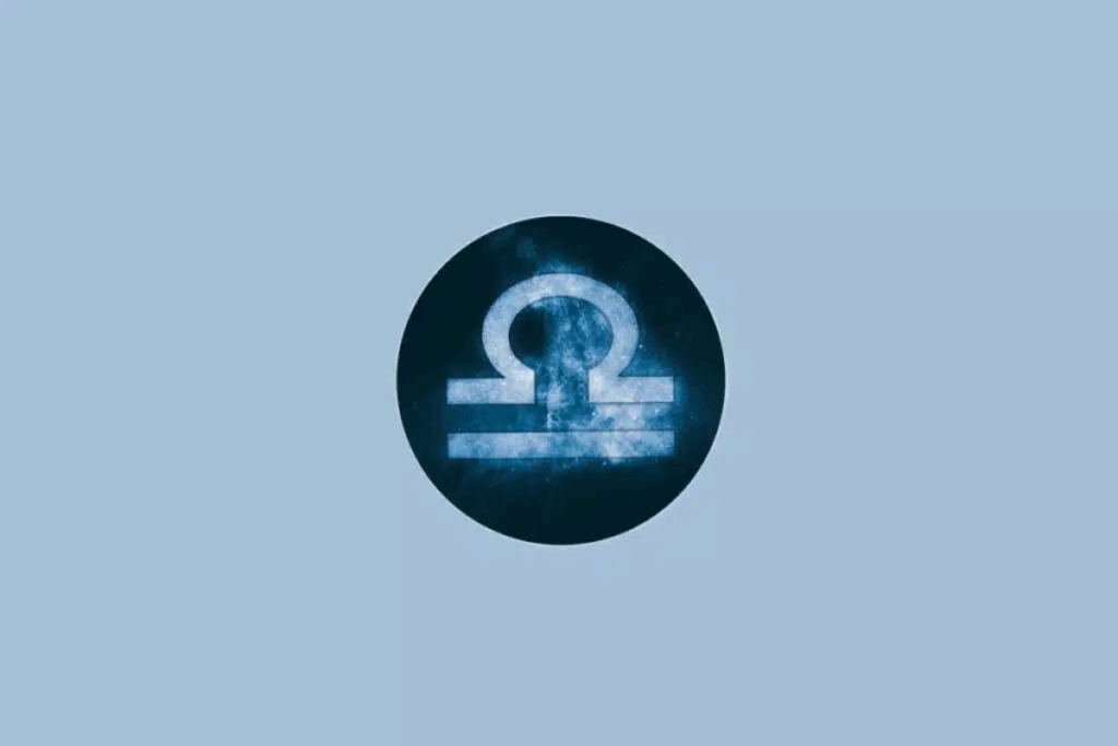 Ilustração do símbolo do signo de Libra em azul-claro, formado por linhas horizontais e um arco central, com efeito luminoso e textura cósmica, dentro de um círculo azul-escuro sobre um fundo azul-claro.