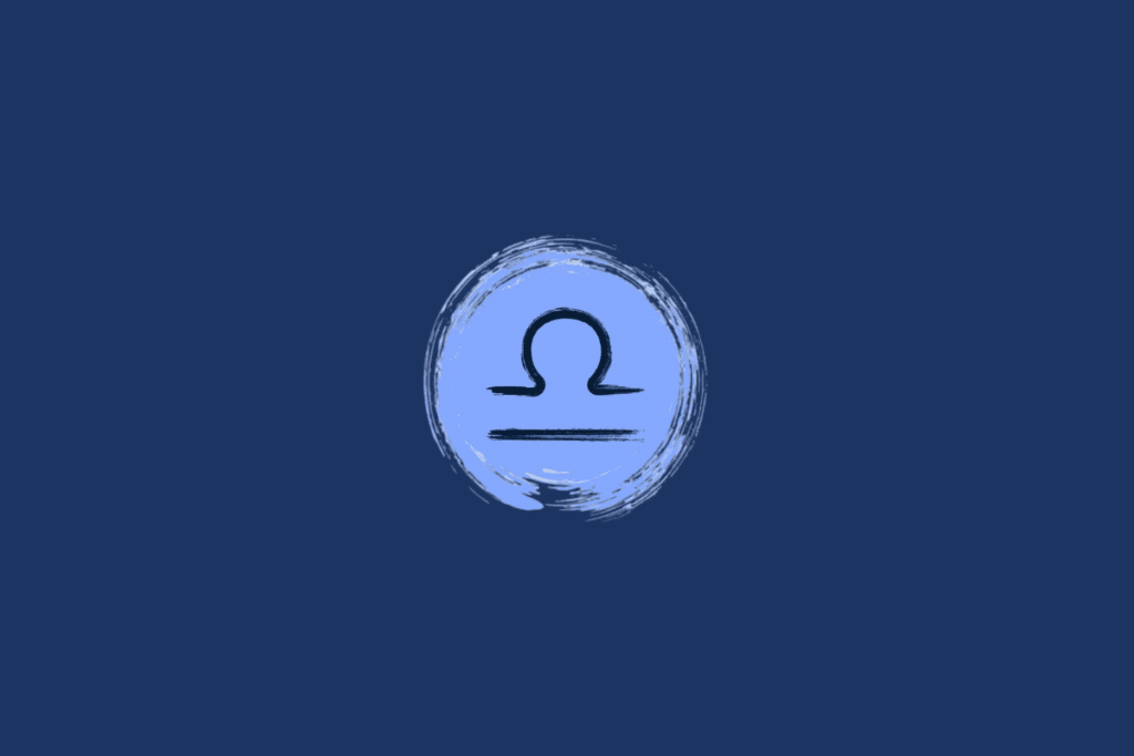 Ilustração do símbolo do signo de Libra, formado por uma curva superior e uma linha horizontal na parte inferior, em preto, dentro de um círculo azul-claro sobre fundo azul-marinho.