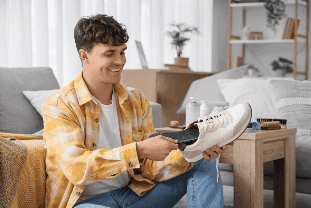 Homem jovem de cabelos castanhos-escuros, curtos e cacheados, sentado em um sofá cinza-claro. Ele veste camiseta branca, camisa xadrez amarela e branca e calça jeans azul. Sorrindo, segura um tênis branco com cadarços e retira de dentro dele uma palmilha preta. Ao fundo, há cortinas brancas, almofadas claras e uma mesa lateral de madeira com escovas e produtos para limpeza de calçados.