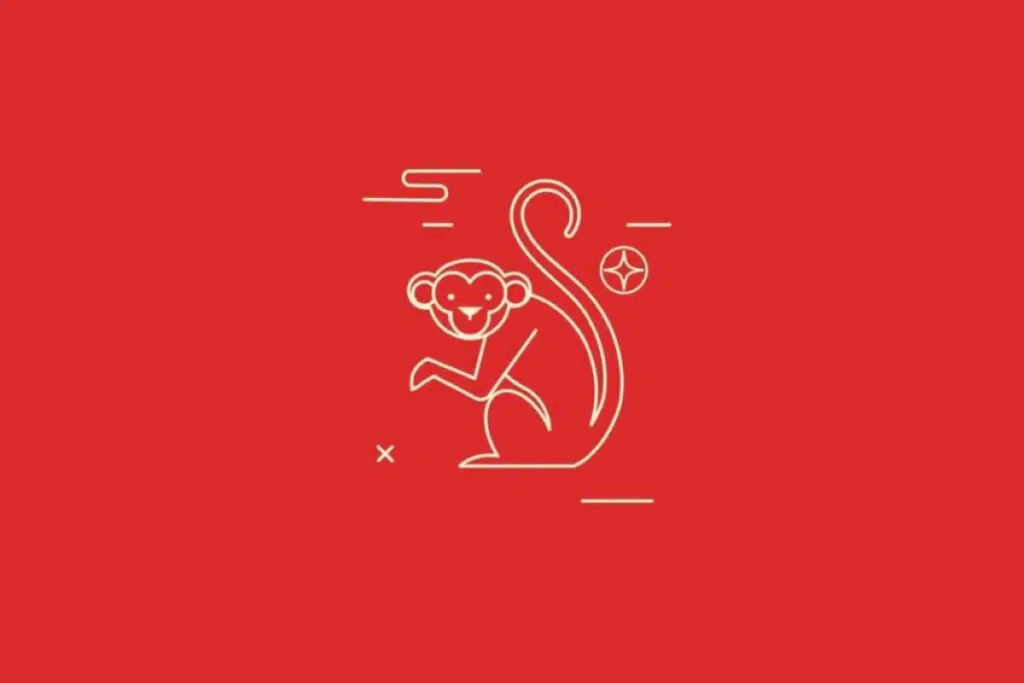 Ilustração minimalista de um macaco sentado, desenhado com linhas finas em tom creme sobre um fundo vermelho intenso. O animal apresenta rosto arredondado, orelhas salientes, braços dobrados e uma cauda longa e curvada para cima. Elementos geométricos aparecem ao redor.