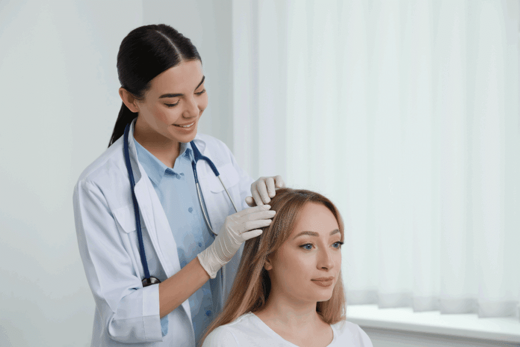 Imagem de uma médica vestindo jaleco branco, camisa azul-clara, luvas e estetoscópio, examinando o couro cabeludo de uma mulher com cabelos longos e loiros. A profissional sorri enquanto separa delicadamente os fios de cabelo da paciente, que está sentada e olha para a frente.